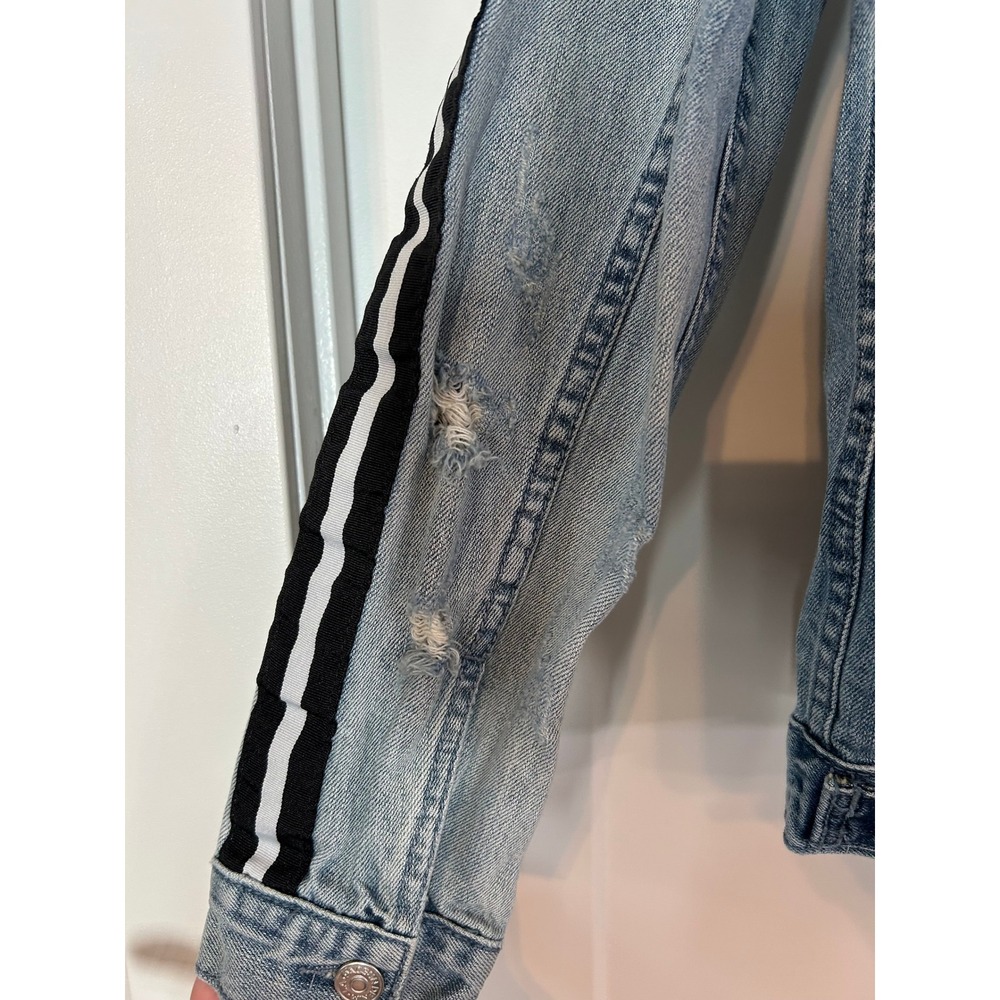 PacSun Mens LA Denim Jacket Distressed Trucker Style Racing Stripe Medium Grunge - Picture 5 of 8